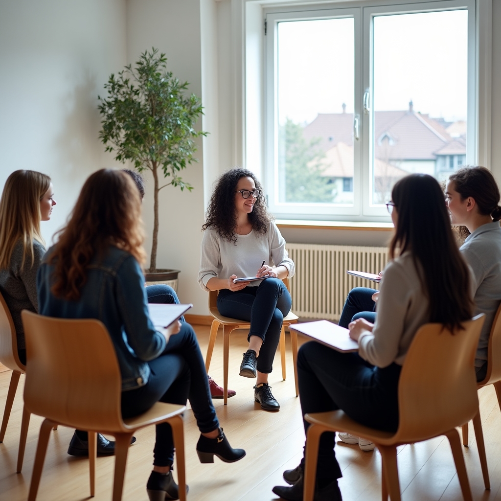 Skupina účastníků sedící v kruhu během skupinové lekce v světlé místnosti